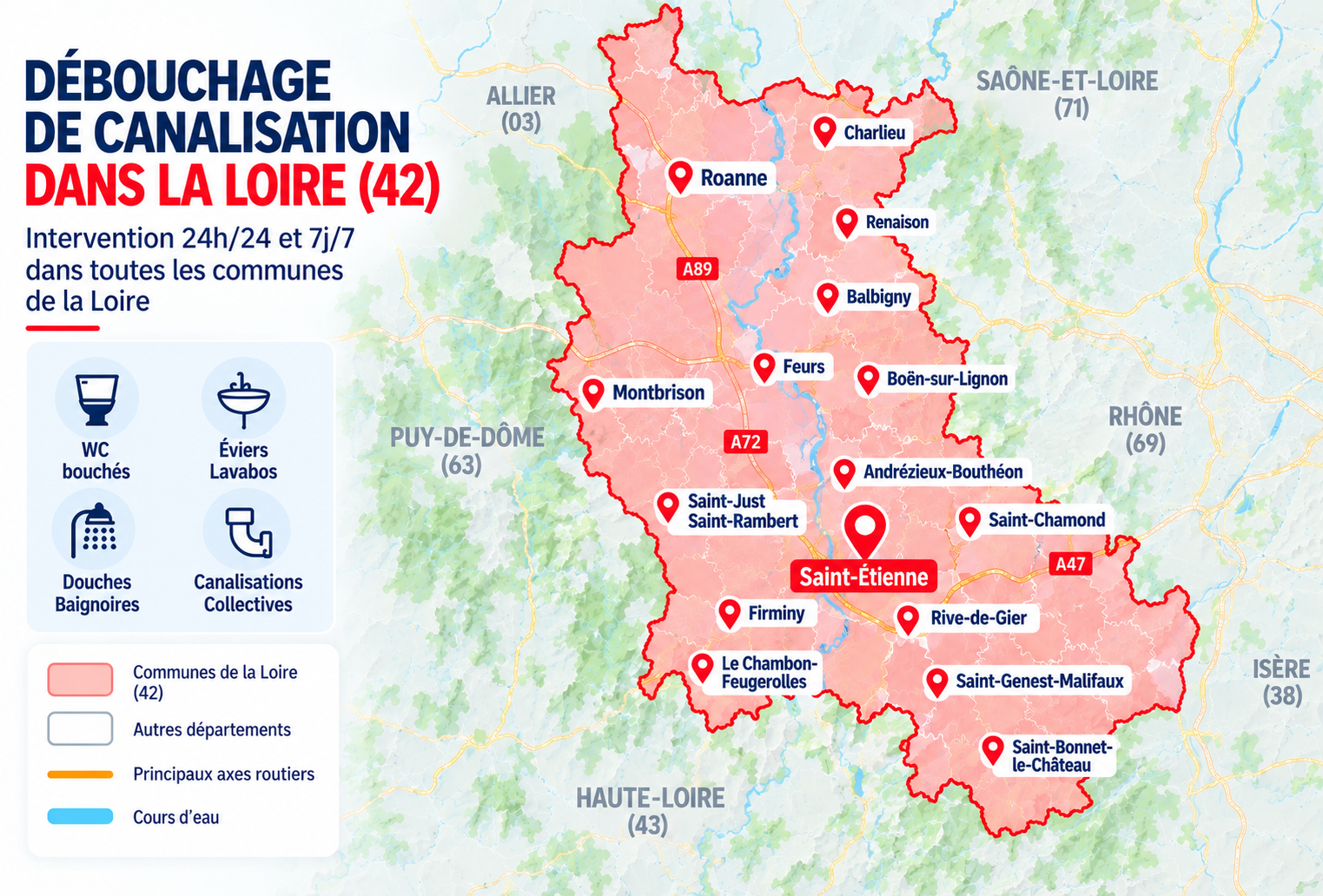 Carte des zones d'intervention pour le débouchage de canalisation dans la Loire (42)